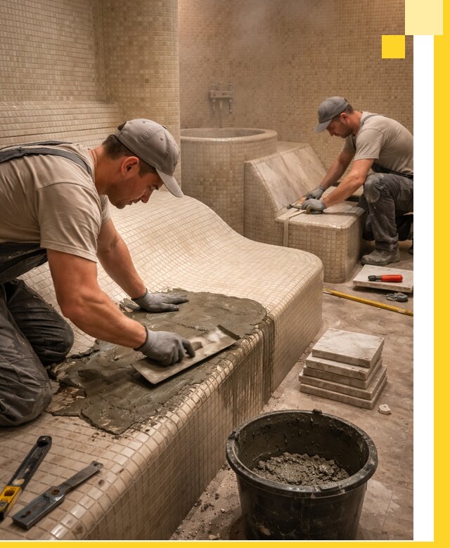 Лежаки для хамама под ключ в Краснотурьинске, проект и монтаж